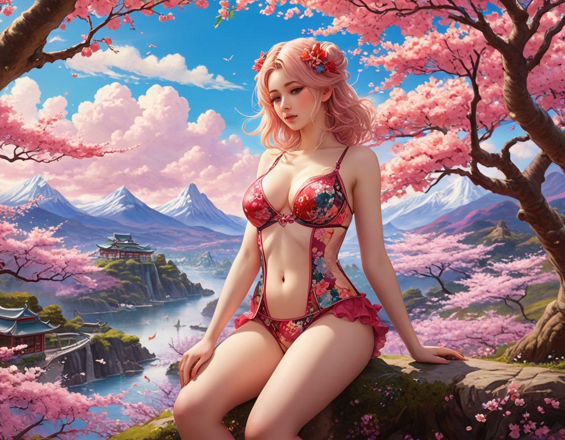 A whimsical fusion of anime-inspired characters in suggestive lingerie, surrounded by an ethereal fantasy landscape filled with vibrant colors. Include elements like cherry blossoms, fantasy creatures, and whimsical clouds, enhancing the allure and playful nature of the erotica theme. The composition should evoke a sense of adventure and seduction, drawing in the viewer's imagination. super-realistic. vibrant colors. fantasy.
